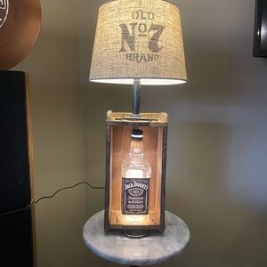 Jack Daniels Rustic Brown Wooden Bottle Accent Lamp with Beige Shade